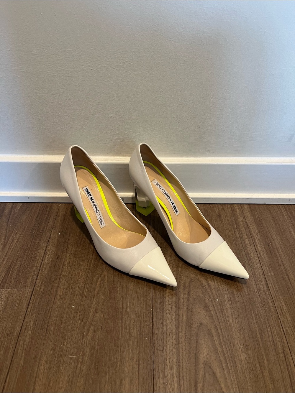Jimmy Choo White Pointed Toe Pumps with Lime Accent Block Heels